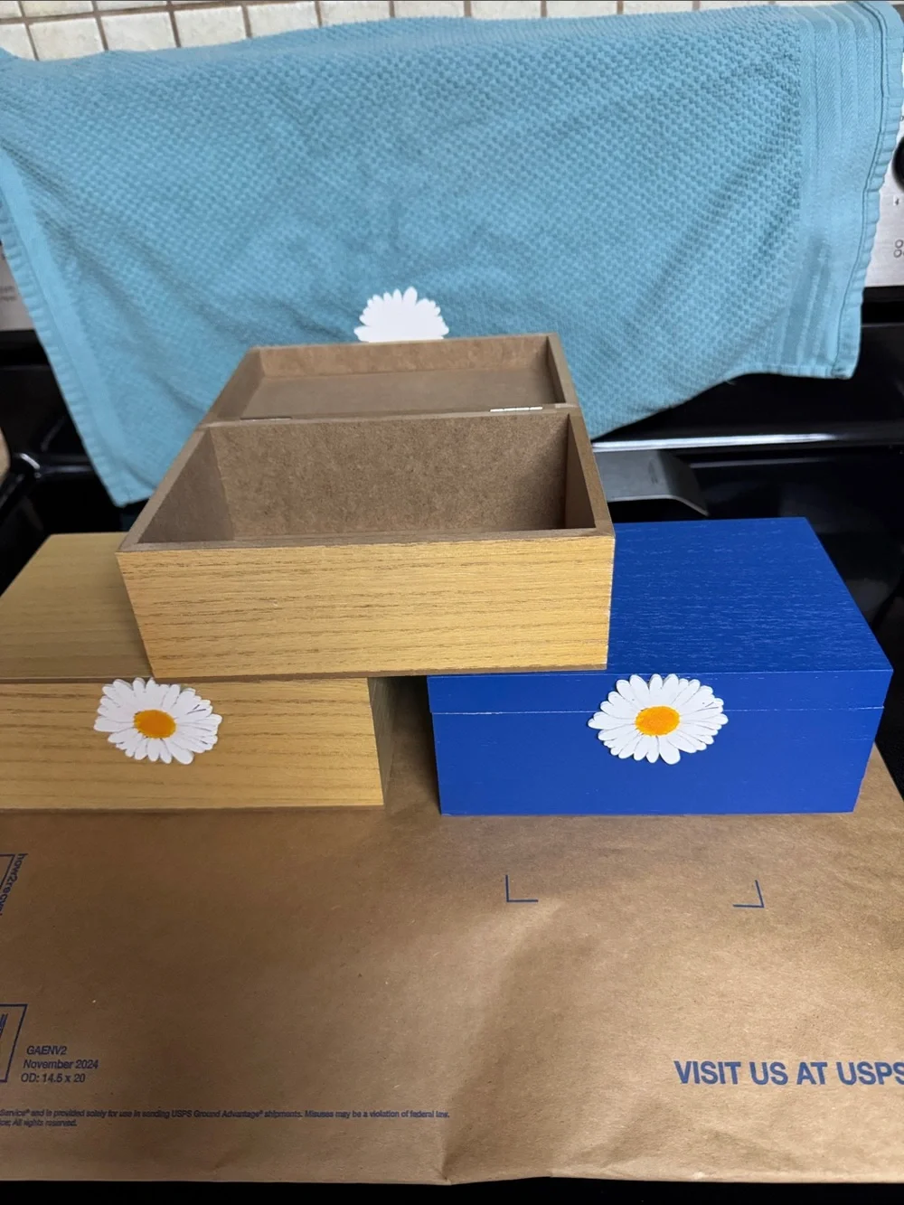 Decorative Daisy Wood Storage Boxes - Blue and Natural Lot of 3